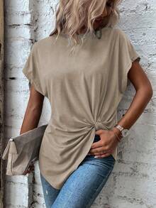 Yunfilé Women's Casual Solid Color Twist Hem Short Sleeve T-Shirt - Khaki - View 3