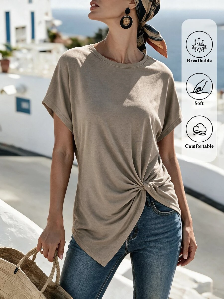 Yunfilé Kaos Wanita Kasual Warna Polos dengan Detail Hem Berpilin - Khaki - View 1