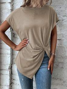 Yunfilé Women's Casual Solid Color Twist Hem Short Sleeve T-Shirt - Khaki - View 4