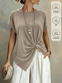 Yunfilé Women's Casual Solid Color Twist Hem Short Sleeve T-Shirt - Khaki - View 1