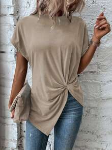 Yunfilé Women's Casual Solid Color Twist Hem Short Sleeve T-Shirt - Khaki - View 5