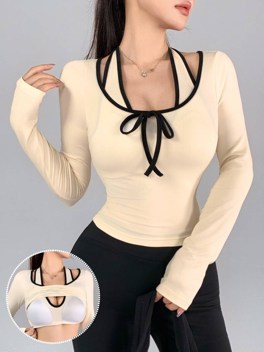 DAZY Women's Front Tie Long Sleeve 2 In 1 Sports T-Shirt Fall - Beige - View 1