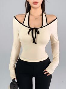 DAZY Women's Front Tie Long Sleeve 2 In 1 Sports T-Shirt Fall - Beige - View 2