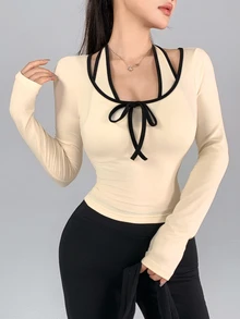 DAZY Women's Front Tie Long Sleeve 2 In 1 Sports T-Shirt Fall - Beige - View 8