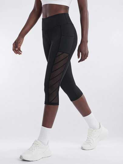 SHEIN Cheerettes Legging Yoga Wanita Motif Marled Setengah Betis dengan Sisipan Jala dan Pinggang Lebar, Pakaian Olahraga untuk Latihan di Gym, Dilengkapi Kantong Ponsel untuk Musim Gugur