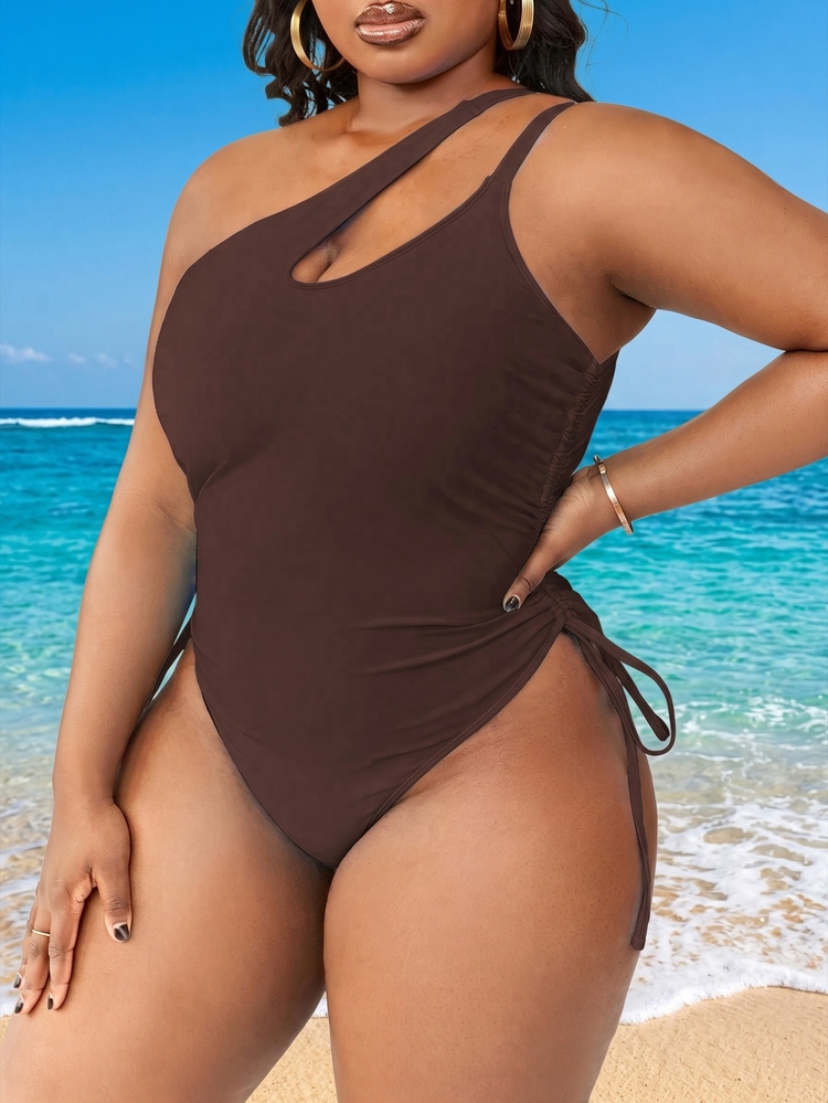 Slaydiva Plus Size Cut Out One Shoulder Drawstring Side One Piece Swimsuit Summer - Brown - View 3