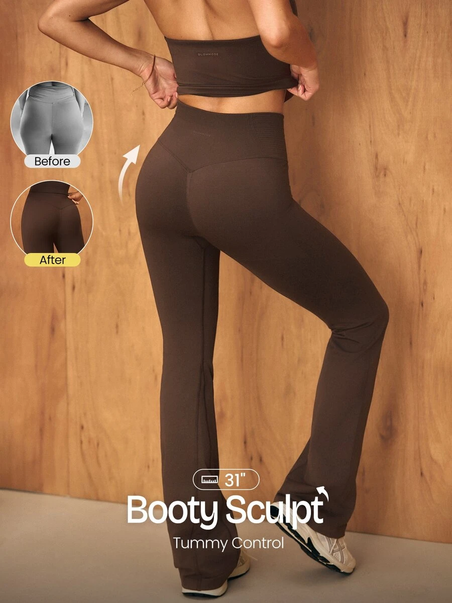 GLOWMODE 31" Ultrafine Soft Seamless SunFlow High Waist Sculpting Fit Seamless Butt Lift Compression Double Layer Coverage Flare Leggings Gym Summer - Brown - View 1
