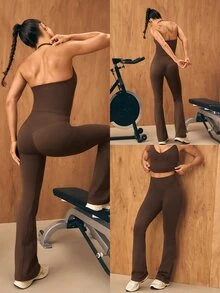GLOWMODE 31" Ultrafine Soft Seamless SunFlow High Waist Sculpting Fit Seamless Butt Lift Compression Double Layer Coverage Flare Leggings Gym Summer - Brown - View 9