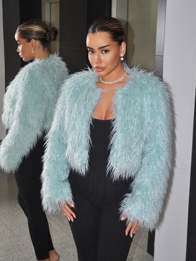 SHEIN ICON Women's Solid Color Long Sleeve Open Front Faux Fur Coat