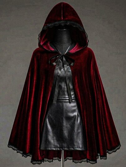 Sweetra Halloween Plus Size Autumn/Winter Halloween Punk Bow Lace Trim Patchwork Cape Coat Fall