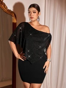 Cravure Plus Size Luxury Glitter Mesh Patchwork Asymmetric One Shoulder Slimming Bodycon Party Mini Dress - Black - View 6