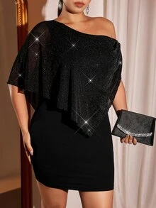 Cravure Plus Size Luxury Glitter Mesh Patchwork Asymmetric One Shoulder Slimming Bodycon Party Mini Dress - Black - View 8