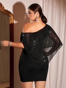 Cravure Plus Size Luxury Glitter Mesh Patchwork Asymmetric One Shoulder Slimming Bodycon Party Mini Dress - Black - View 2