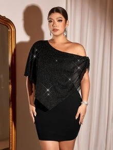 Cravure Plus Size Luxury Glitter Mesh Patchwork Asymmetric One Shoulder Slimming Bodycon Party Mini Dress - Black - View 7