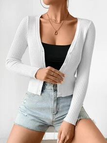 EMERY ROSE Women's Slim Fit Solid Color V-Neck Button Front Long Sleeve Cardigan - White - View 5