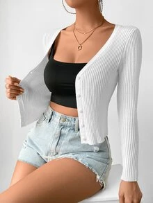 EMERY ROSE Women's Slim Fit Solid Color V-Neck Button Front Long Sleeve Cardigan - White - View 4