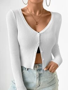 EMERY ROSE Women's Slim Fit Solid Color V-Neck Button Front Long Sleeve Cardigan - White - View 3