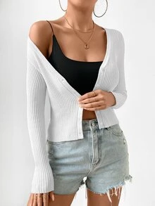 EMERY ROSE Women's Slim Fit Solid Color V-Neck Button Front Long Sleeve Cardigan - White - View 6