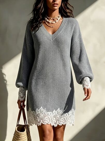 Wandoria Women's Autumn New Single Piece V-Neck Lace Trim Patchwork Fashion Versatile Elegant Lady Elegant Date Occasion Sophisticated French Style Short Loose Knit Long Sleeve Sweater Dress