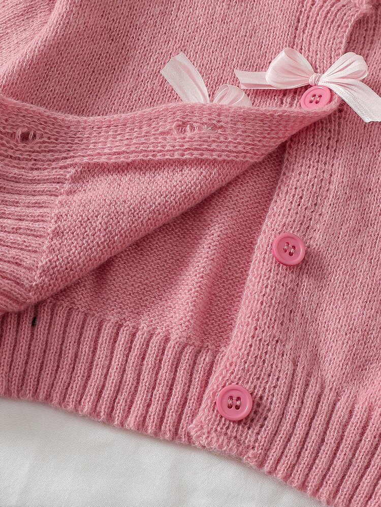 Young Girl Long Sleeve Bow Cardigan & Knitted Pleated Skirt 2-Piece Set, Pink, Suitable For Spring, Autumn, Winter, Pairs With Padded Coat, Denim Jeans - Pink - View 14