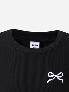 SHEIN 女童少女針織素色蝴蝶結圖案圓領抓皺休閒T恤與豹紋寬鬆直筒長褲2件套 - 彩色 - 查看 7