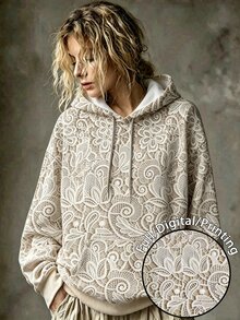 Breezaya Plus Size Women's Floral Print Sweatshirt, Elegant Graphic Design Printed Hot Selling Draw Rope Hoodie Winter - Multicolor - View 1