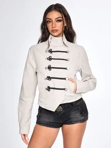 ROMWE Grunge Punk New Chinese Style Frog Button Embroidered Design Punk Waist-Cinching Women's Denim Jacket And Coat - Grey - View 6