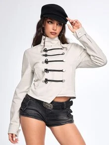 ROMWE Grunge Punk New Chinese Style Frog Button Embroidered Design Punk Waist-Cinching Women's Denim Jacket And Coat - Grey - View 5