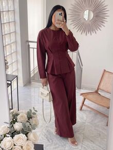 Solavon Women's Solid Color Pleated Long Sleeve Top And Pants Casual Daily 2 Pieces Set - Burgundy - View 5