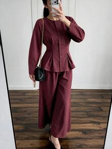 Solavon Women's Solid Color Pleated Long Sleeve Top And Pants Casual Daily 2 Pieces Set - Burgundy - View 7