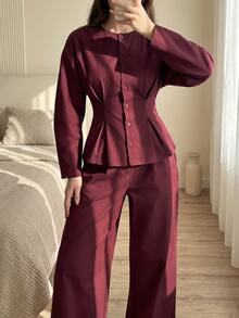 Solavon Women's Solid Color Pleated Long Sleeve Top And Pants Casual Daily 2 Pieces Set - Burgundy - View 2