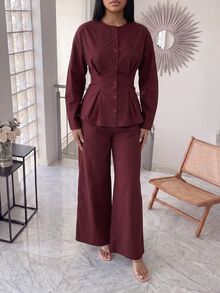Solavon Women's Solid Color Pleated Long Sleeve Top And Pants Casual Daily 2 Pieces Set - Burgundy - View 3