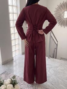 Solavon Women's Solid Color Pleated Long Sleeve Top And Pants Casual Daily 2 Pieces Set - Burgundy - View 4