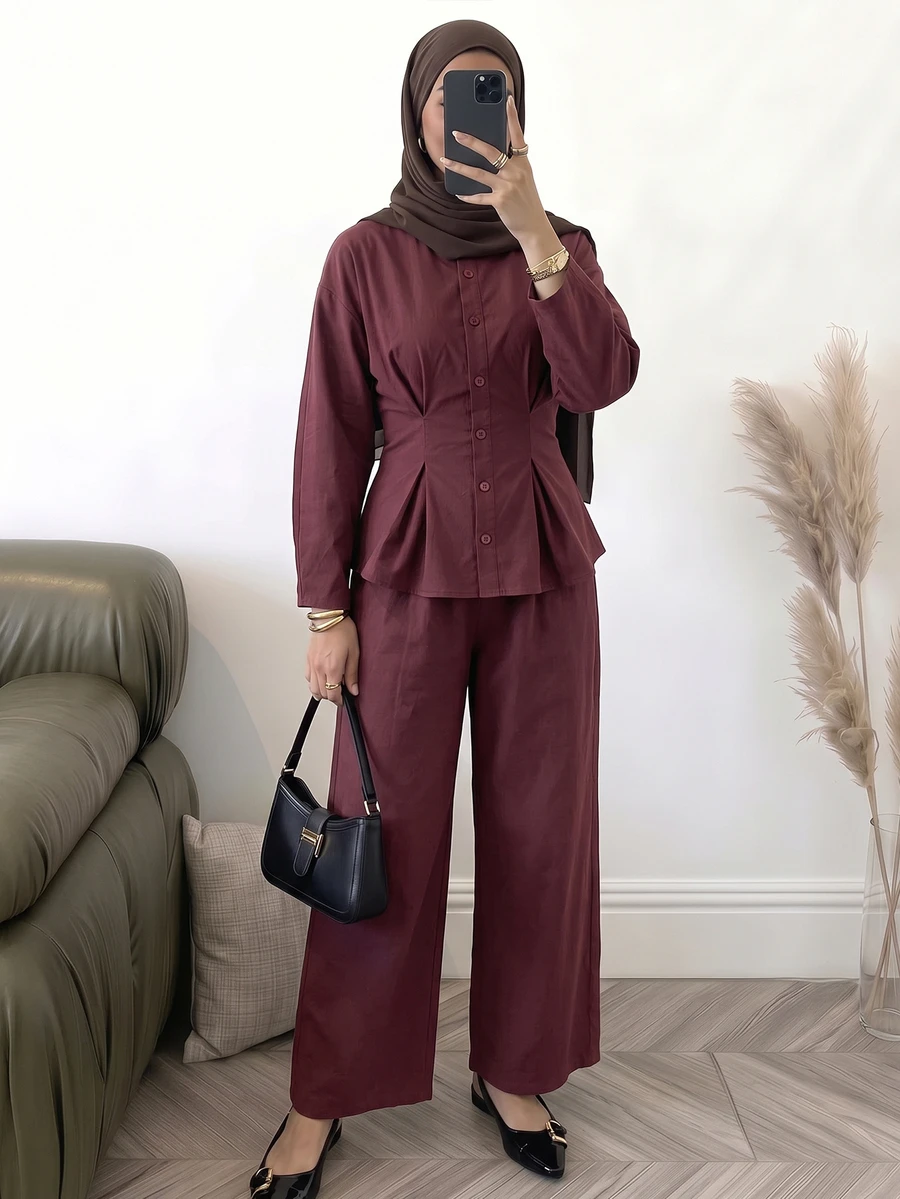 Solavon Women's Solid Color Pleated Long Sleeve Top And Pants Casual Daily 2 Pieces Set - Burgundy - View 1