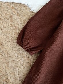 SHEIN Vintaside Kids 幼女燈芯絨洋裝，甜美優雅酒紅色花卉彼得潘領荷葉邊長袖，生日派對秋季優雅時尚假日鈕扣開襟 - 棕色 - 查看 7