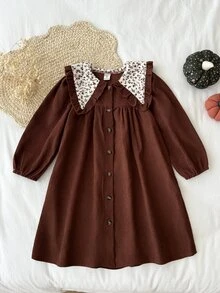 SHEIN Vintaside Kids 幼女燈芯絨洋裝，甜美優雅酒紅色花卉彼得潘領荷葉邊長袖，生日派對秋季優雅時尚假日鈕扣開襟 - 棕色 - 查看 5
