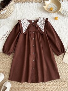 SHEIN Vintaside Kids 幼女燈芯絨洋裝，甜美優雅酒紅色花卉彼得潘領荷葉邊長袖，生日派對秋季優雅時尚假日鈕扣開襟 - 棕色 - 查看 10