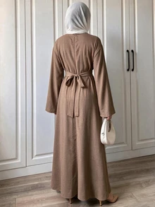Celisse Solid Fold Pleated Tie Back Longline Dress Office Shades Of Brown Autumn Modest Elegant - Pale Yellow - View 2
