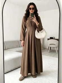 Celisse Solid Fold Pleated Tie Back Longline Dress Office Shades Of Brown Autumn Modest Elegant - Pale Yellow - View 3