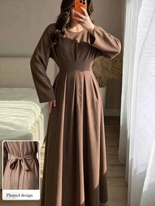 Celisse Solid Fold Pleated Tie Back Longline Dress Office Shades Of Brown Autumn Modest Elegant - Pale Yellow - View 4
