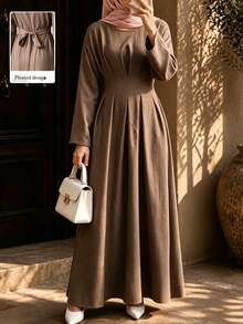 Celisse Solid Fold Pleated Tie Back Longline Dress Office Shades Of Brown Autumn Modest Elegant - Pale Yellow - View 8