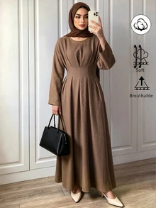 Celisse Solid Fold Pleated Tie Back Longline Dress Office Shades Of Brown Autumn Modest Elegant - Pale Yellow - View 7