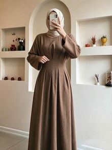 Celisse Solid Fold Pleated Tie Back Longline Dress Office Shades Of Brown Autumn Modest Elegant - Pale Yellow - View 1