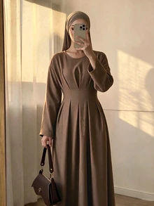 Celisse Solid Fold Pleated Tie Back Longline Dress Office Shades Of Brown Autumn Modest Elegant - Pale Yellow - View 6