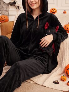CoupledUp Piyama Bulu Motif Kelelawar Halloween - Hitam - View 5