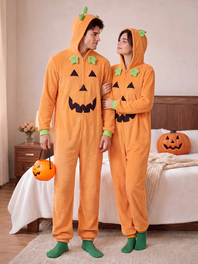 CoupledUp Flannel Pumpkin Cartoon One-Piece Pajamas For Women, Halloween Cute Hooded Loungewear, Thick Long Sleeve All-In-One Sleepwear
