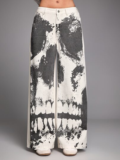 Goth Jeans a gamba larga streetwear gotico vintage consumato nero e bianco, stile rap punk Ognissanti, per uscire la sera, autunno, serata fuori
