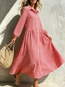 Glimmora American Vintage Red & White Plaid Shirt Dress For Women, Collared Single-Breasted Lantern Sleeve Loose Long Dress For Beach Vacation, Women's Pastoral Relaxed Style Daily Commute Casual Shirt Dress - Red - View 5