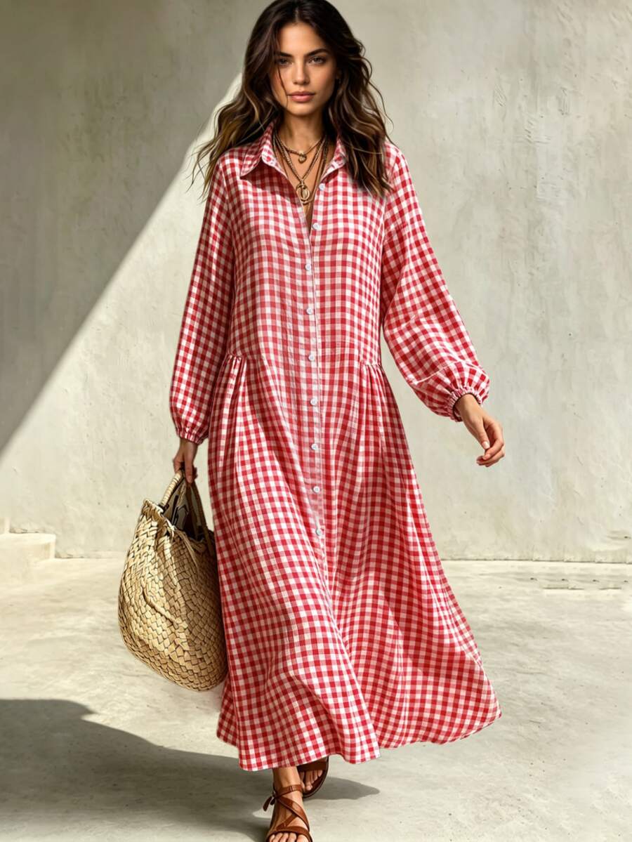 Glimmora American Vintage Red & White Plaid Shirt Dress For Women, Collared Single-Breasted Lantern Sleeve Loose Long Dress For Beach Vacation, Women's Pastoral Relaxed Style Daily Commute Casual Shirt Dress - Red - View 1