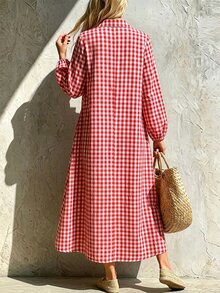 Glimmora American Vintage Red & White Plaid Shirt Dress For Women, Collared Single-Breasted Lantern Sleeve Loose Long Dress For Beach Vacation, Women's Pastoral Relaxed Style Daily Commute Casual Shirt Dress - Red - View 2